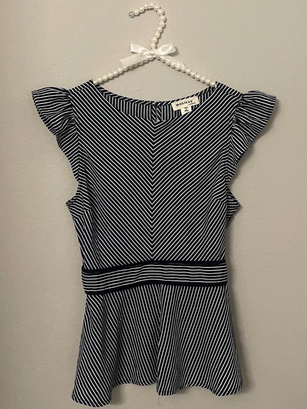 Monteau Navy Striped Peplum Blouse